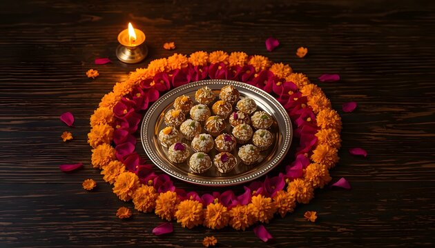 Silver platter of traditional Indian sweets laddoo surrounded by marigold and rose petal ring with diya