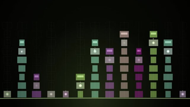 A musical equalizer displays colorful rectangular blocks moving in a loop against a dark grid background.