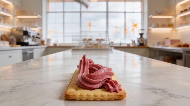 Piping white star nozzle entering left, applying pink frosting onto cracker at bakery for display