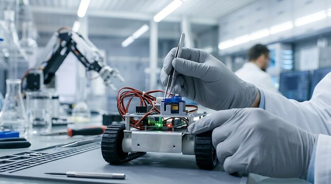 A scientist wearing grey gloves uses metal tweezers to assemble a small electronic robot circuit board in a bright laboratory environment