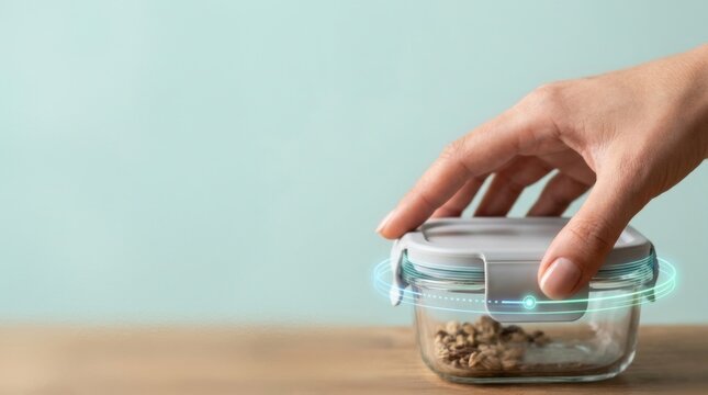 Seamless customer retention process visualized as a hand snapping a lid onto a jar of food for effortless interaction
