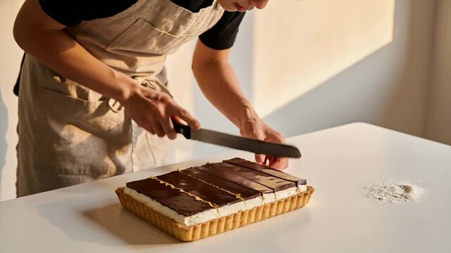 Positioning knife, baker in beige apron pressing down and slicing tart on white table to serve