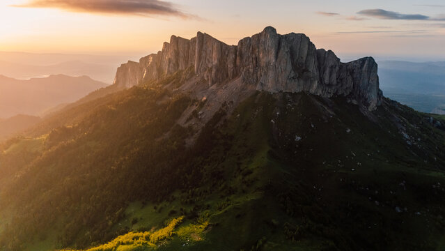 Aerial view of national park Bolshoy Tkhach mountain in Caucasus with sunset tones