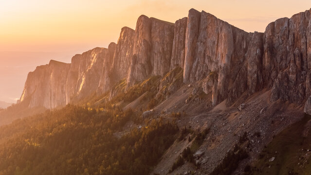 Panoramic above view of national park Bolshoy Tkhach mountain in Caucasus with sunset tones
