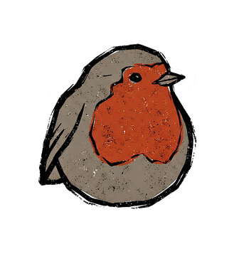 Cute little robin bird sticker with vintage distressed chalk texture, hand-drawn vector illustration