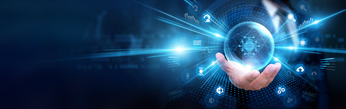 Businessman holding Quantum Computing and global technology, analyzing complex data, processing advanced algorithms, optimizing computational systems, supporting digital innovation