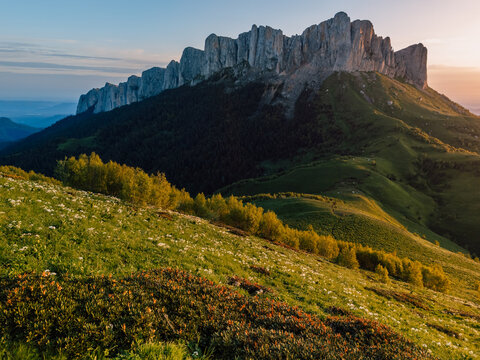 Panoramic view of Bolshoy Tkhach mountain in Caucasus with sunset or sunrise