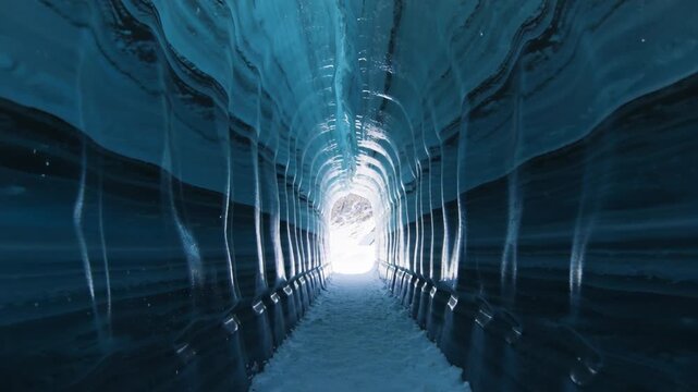 Moving camera traversing blue ice tunnel in glacier, showing icicles, snow floor and bright exit