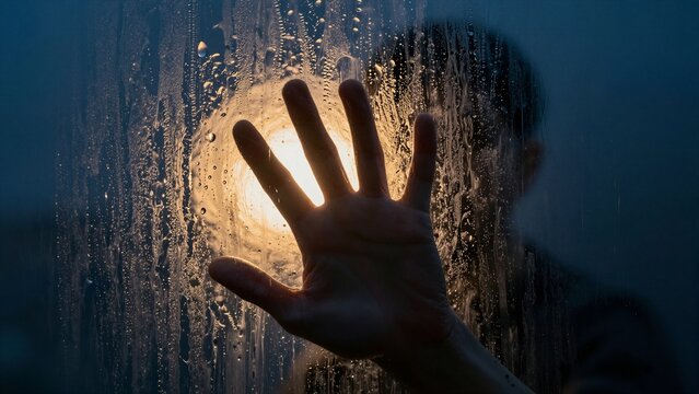 A hand pressed against a wet glass pane with sunlight glowing behind it, creating a dramatic silhouette effect.