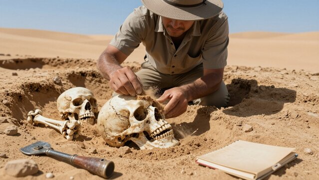 A focused archaeologist gently brushes sand off an unearthed human skull during a desert excavation, revealing ancient history beneath the dunes.