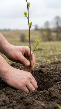 A person uses their hands to plant a small green sapling into the dark soil of an open field during a spring reforestation project outdoors