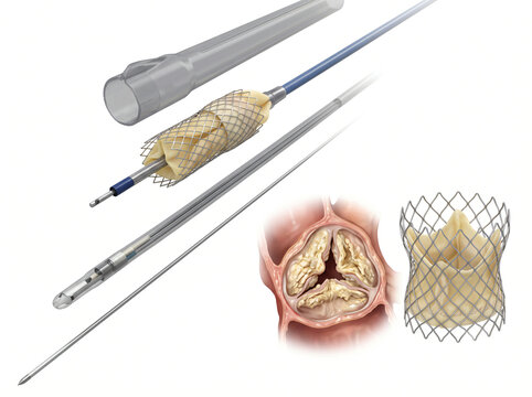 Transcatheter Aortic Valve Replacement TAVR Procedure Showing Delivery System And Calcified Valve