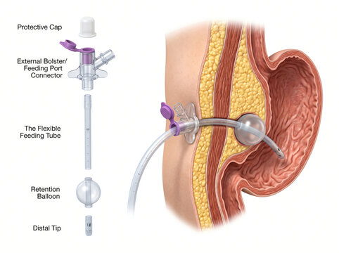 Percutaneous Endoscopic Gastrostomy PEG Feeding Tube Exploded View With Stomach Anatomy