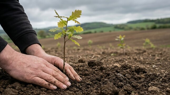 A person planting a small green oak tree sapling into the dark fertile soil of an agricultural field under a cloudy sky in the countryside