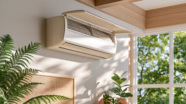 Modern air conditioner unit mounted on white wall in cozy green interior