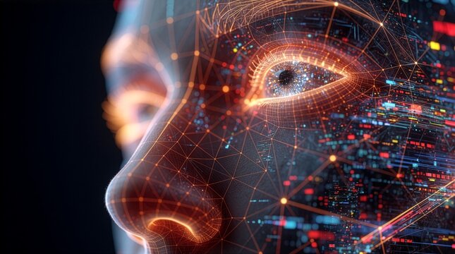 Close up of artificial intelligence humanoid eye with glowing digital biometric iris scanning mesh, futuristic face recognition and cyber data technology for business presentation backdrop photo