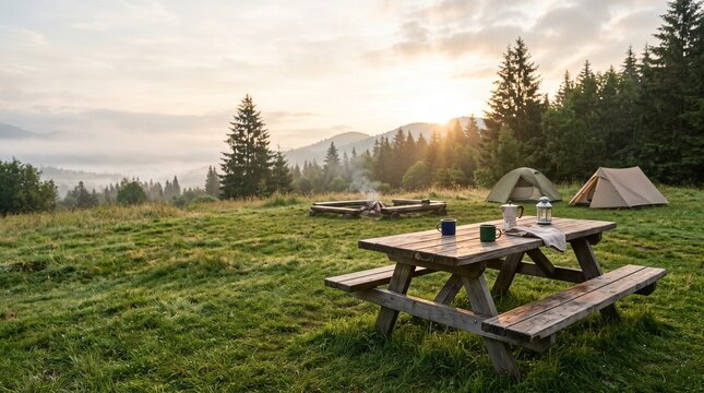 Camping picnic table in mountain meadow at sunrise
