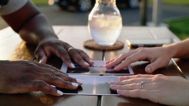 Pressing hands, couple comparing polaroids at outdoor table, reminiscing with carafe and phone