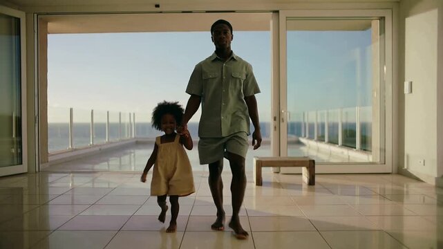 Guiding father taking child's hand, daughter in yellow sundress on terrace entering sliding doors