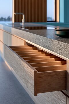 Modern minimalist kitchen interior showcase with open wooden organizer drawer