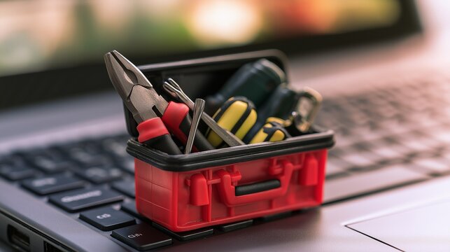 A miniature toolbox with a computer keyboard, representing hardware and repair
