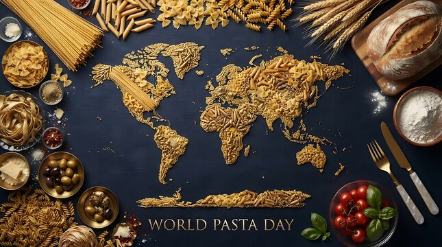 World pasta day concept with a world map made of various pasta shapes on a dark blue background with ingredients and cutlery