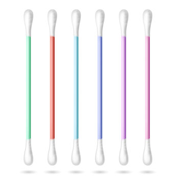 Six colorful cotton swabs in a row isolated on a transparent background