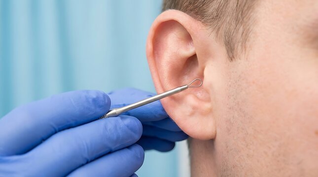 A medical wearing blue gloves uses a metal ear curette tool to examine or clean the ear canal of a male patient in a clinic