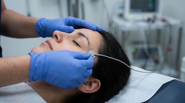 A medical wearing blue latex gloves attaches a small circular electrode to the temple of a female patient during a medical test