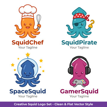A collection of playful squid character logos ideal for seafood restaurants, gaming brands, and children-oriented products, showcasing creativity and fun.