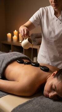 A massage therapist pouring warm oil onto smooth black hot stones placed on the back of a woman lying on a massage table in a spa room
