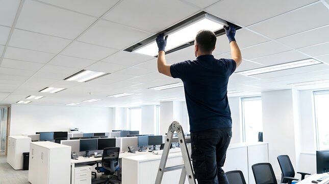 A maintenance worker wearing blue gloves stands on a ladder to install or repair a rectangular led light panel in a white office ceiling grid