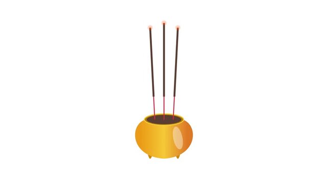 Three burning incense sticks placed inside a golden traditional censer emit rising smoke rings in this animation isolated on a white background.