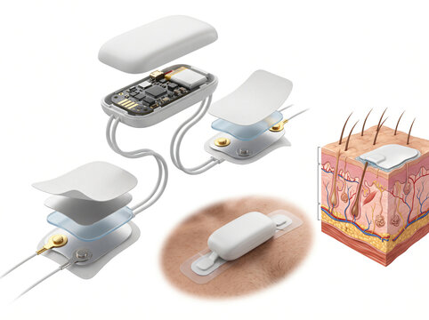 Wearable Biosensor Patch Exploded View With Electronic Circuit And Skin Layer Anatomy