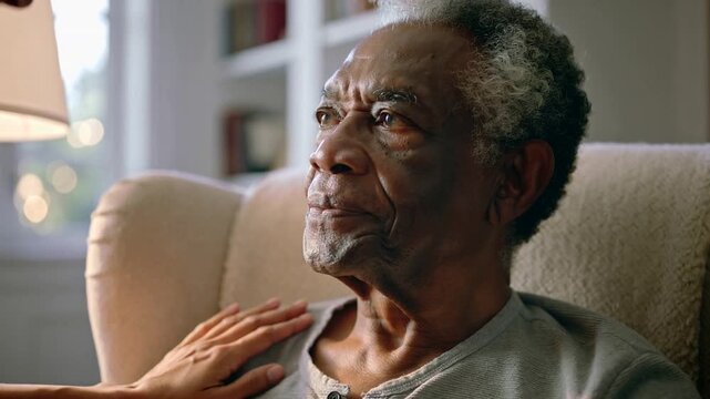 Placing hand woman comforting senior man, opening eyes, smiling, turning toward her at home, henley