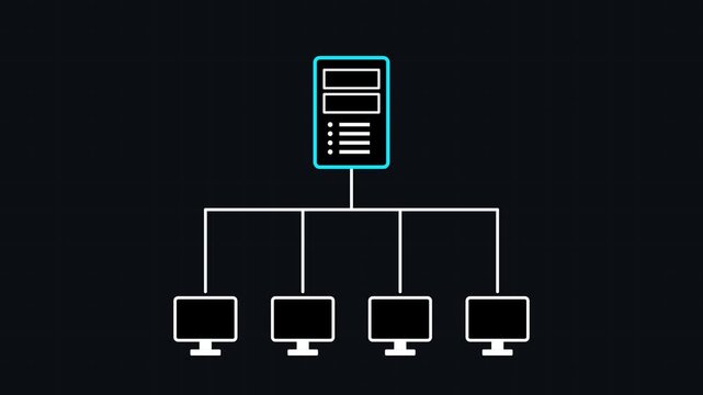 Animated glowing blue icon diagram illustrates data transmission from a central server tower to four connected desktop computer monitors on a dark background.