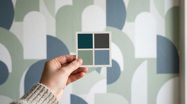 A hand holding a small color swatch card with four squares of blue and grey paint colors against a patterned wallpaper with geometric arches