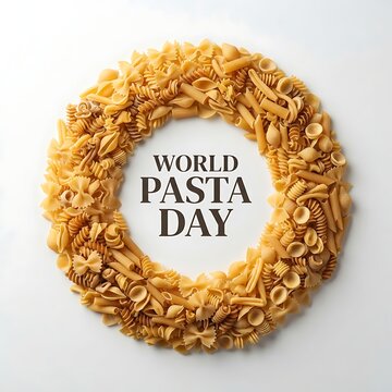 World pasta day concept with a circular wreath made of various types of dry pasta shapes isolated on white background