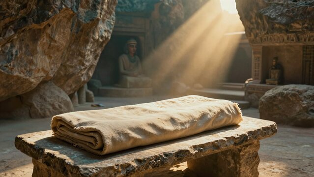 A folded linen burial cloth rests on a stone bench inside an ancient Egyptian tomb, bathed in golden sunlight streaming through a rocky opening.