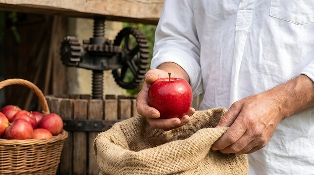 A farmer wearing a white shirt holds a fresh red apple over a burlap sack with a wooden apple press and a basket of apples in the background