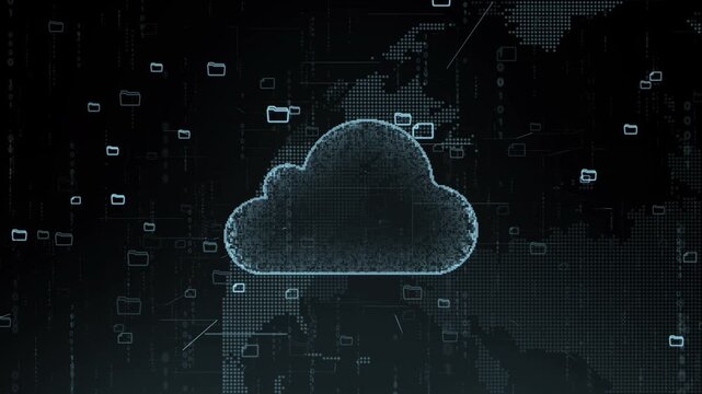 Files digital cloud icon depicts data visualization with binary code graphics, suitable for technology or networking concepts in designs.
