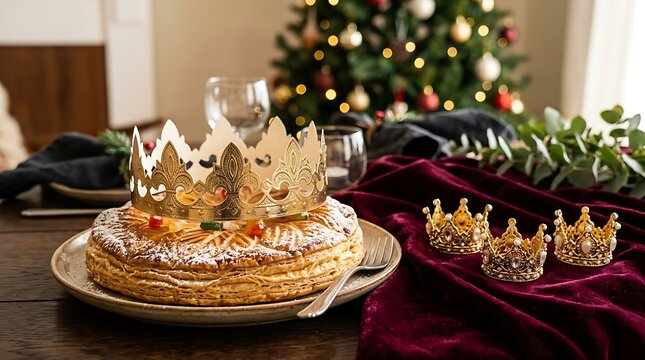 Epiphany king cake with golden crowns on festive table