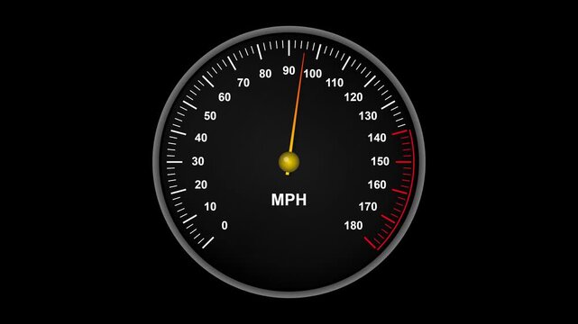 Car speedometer needle accelerates rapidly from zero to maximum speed in the redline zone before decelerating back to zero on a black background.