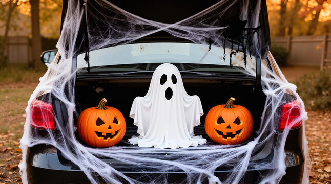 Spooky halloween trunk decorated with a ghost pumpkins and cobwebs for a festive outdoor celebration

