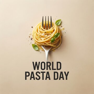 World pasta day celebration concept with a fork twirled with spaghetti, fresh basil leaves, and grated parmesan cheese on a minimalist beige background