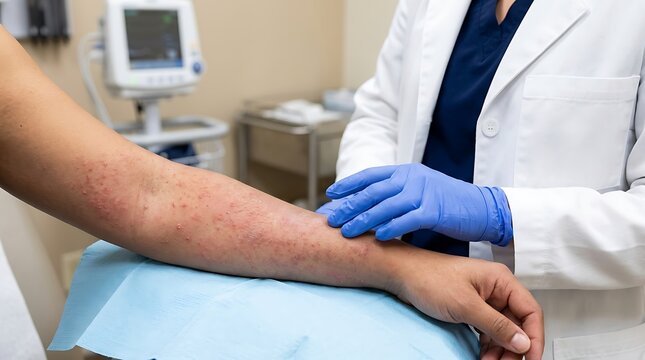 A doctor wearing a white coat and blue gloves touches the arm of a patient to examine a skin rash or dermatological condition in a clinic