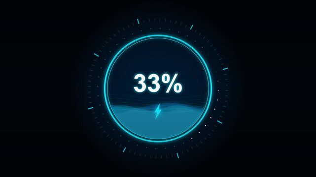 Futuristic blue digital interface displaying a circular battery charging progress percentage with a glowing lightning bolt icon over a dark background.