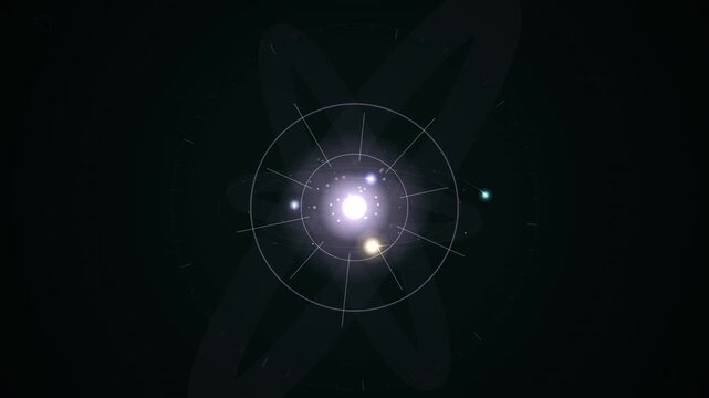 Abstract loop background with a glowing atom and orbiting planets on a dark background