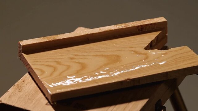 Flowing water after droplets at upper-right notch moving along plank channel on bench leaving film