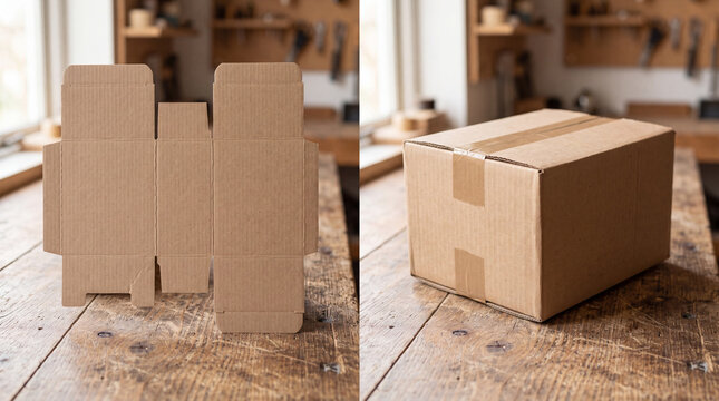 Cardboard box unfolded template and assembled package on wooden table